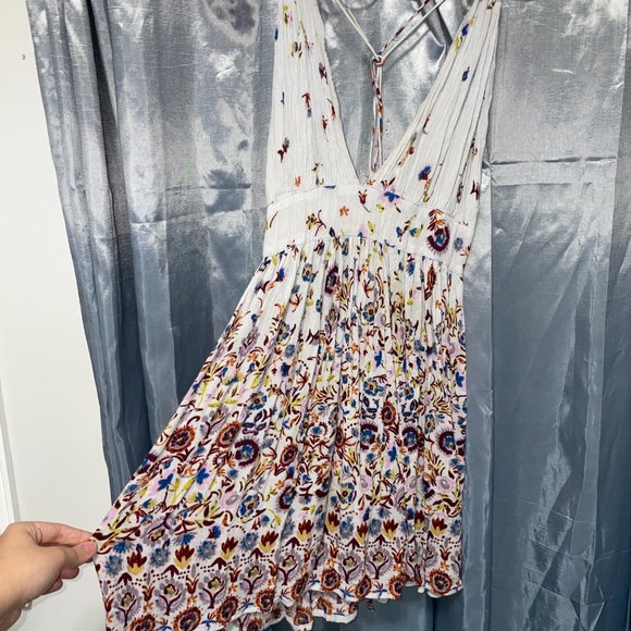 URBAN OUTFITTERS Light Baby Blue Floral Flare Halter Dress Boho Sz L - Picture 5 of 10